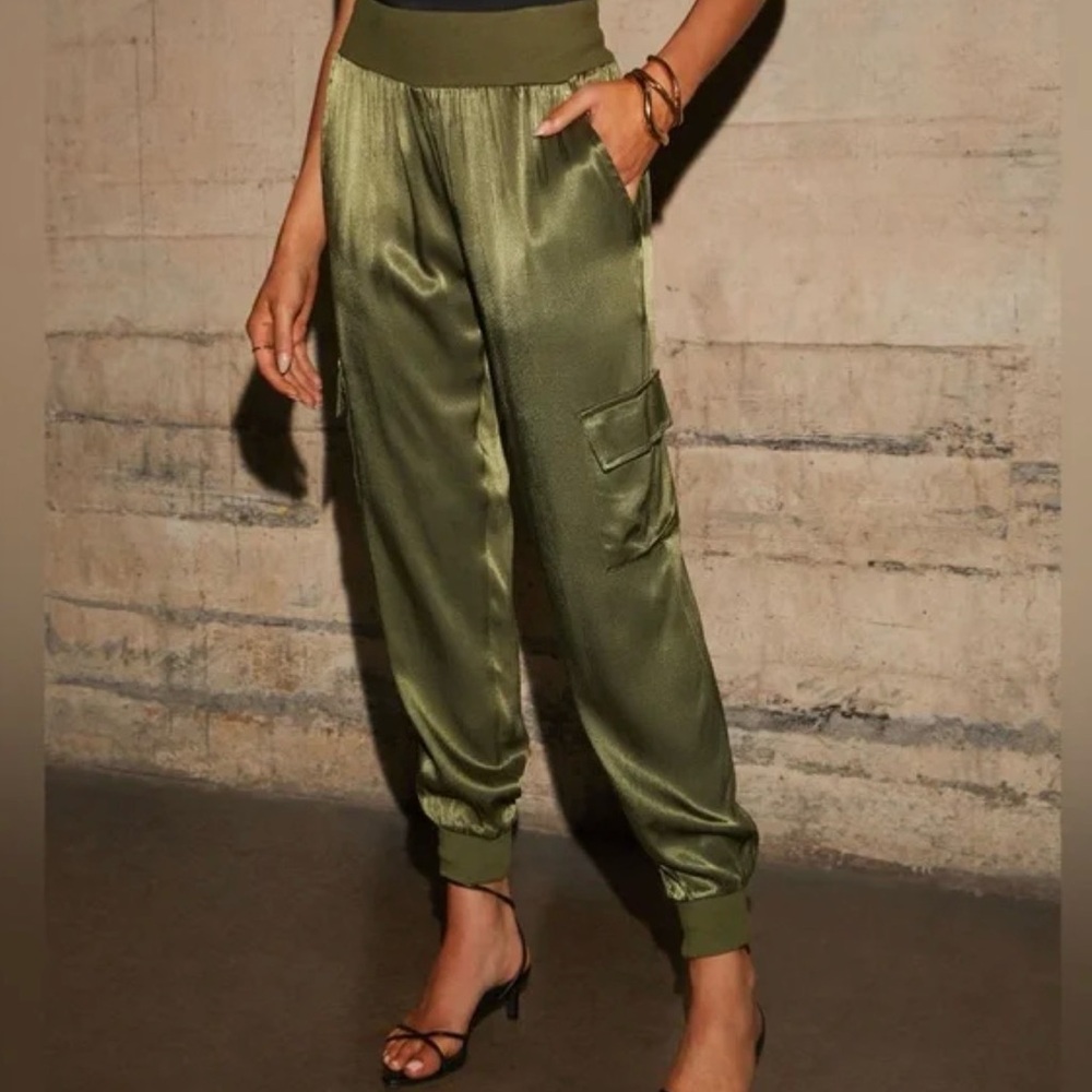 Olive Green Satin Jogger Pants